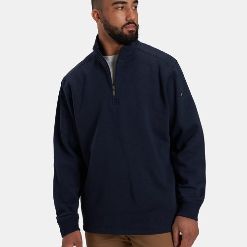 A man wearing a navy blue half-zip pullover sweater paired with tan pants stands against a neutral background showcasing a casual and comfortable style