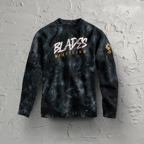 A stylish black tie-dye sweatshirt with bold white and yellow lettering that says BLADES WRESTLING