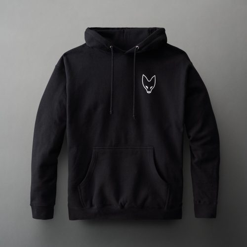 A black hoodie showcases a white fox logo on the chest, designed with a relaxed fit and large front pocket, against a muted gray background.