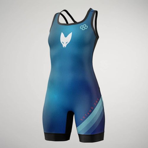 A stylish blue athletic swimsuit featuring a unique design with a fox logo and contrasting patterns ideal for competitive swimming or other water sports