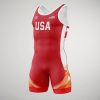 A modern red wrestling singlet featuring USA boldly displayed on the front and vibrant design elements