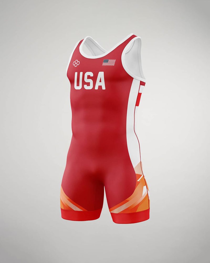 A modern red wrestling singlet featuring USA boldly displayed on the front and vibrant design elements