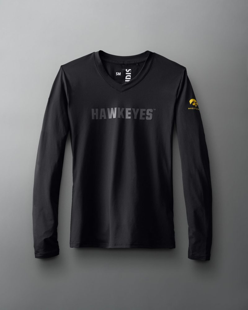 A black long-sleeve shirt with 'HAWKEYES' printed on the front and a yellow wrestling logo on the sleeve is presented against a gray background.