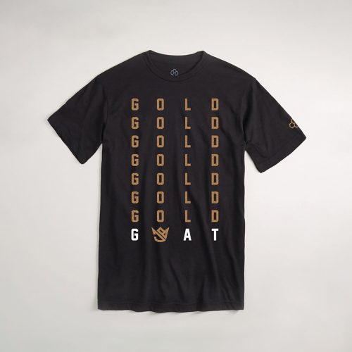 A black T-shirt featuring a vertical design with the word GOLD repeated and the letters G A and T displayed at the bottom symbolizing a GOAT (Greatest Of All Time) theme