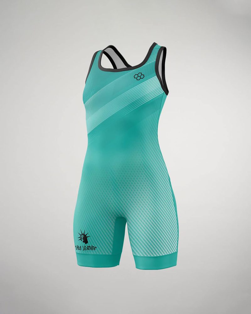 A teal athletic swimsuit designed for performance featuring a streamlined cut and textured patterns for enhanced aerodynamics