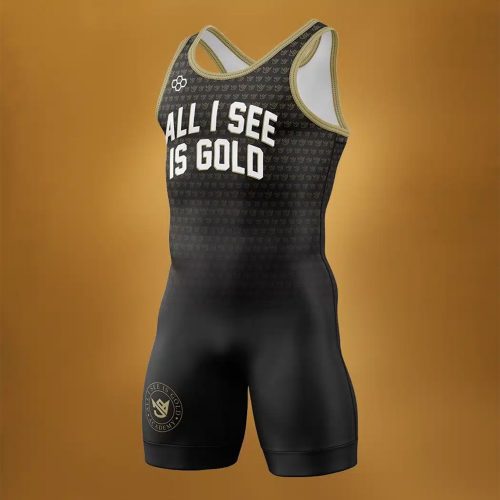 A sleek black wrestling singlet displaying the phrase ALL I SEE IS GOLD with a minimalist design and stylish branding