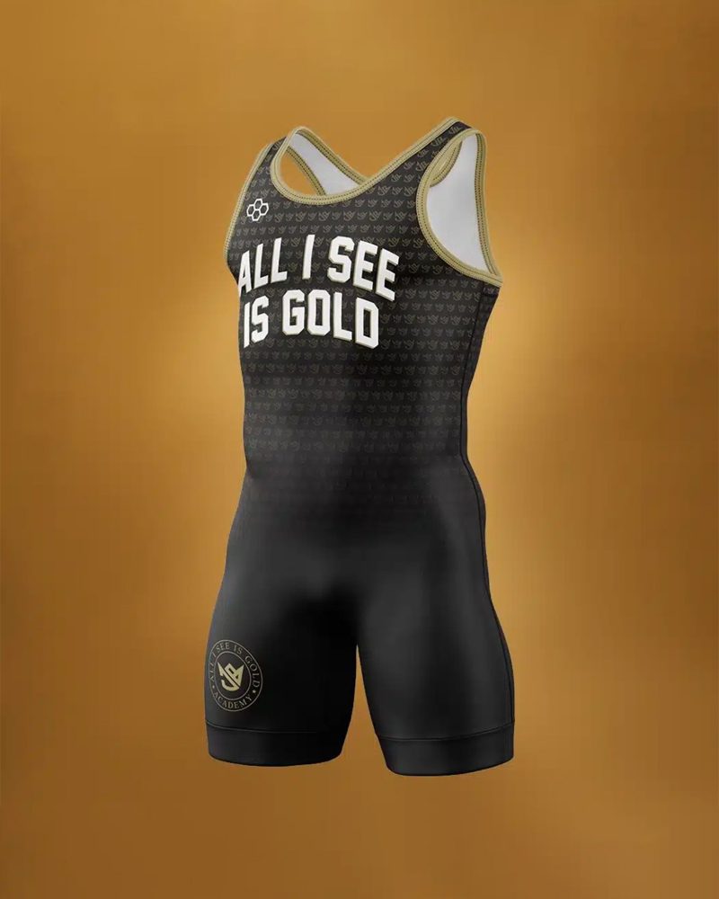 A sleek black wrestling singlet displaying the phrase ALL I SEE IS GOLD with a minimalist design and stylish branding