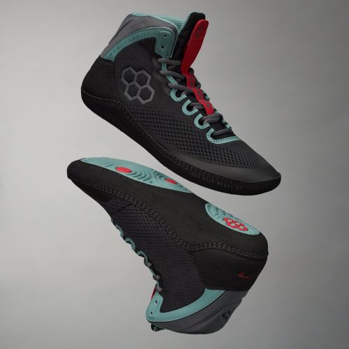 A pair of stylish black and teal high-top athletic shoes designed for performance featuring a breathable mesh upper and a textured sole for enhanced grip