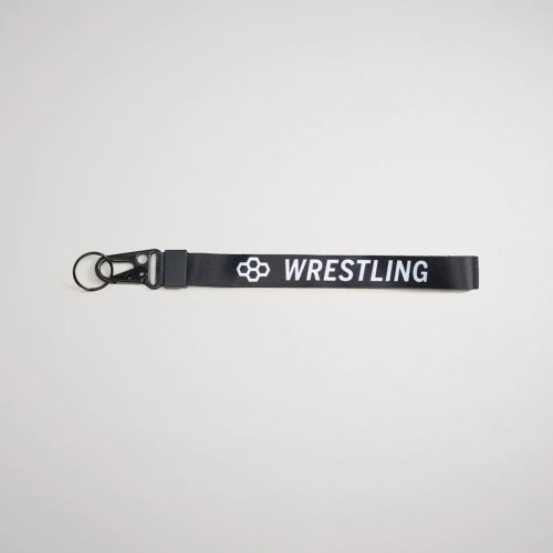 A black lanyard with the word WRESTLING printed in white featuring a clip and keyring attachment