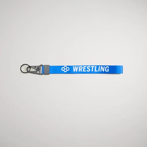 A vibrant blue wrestling keychain featuring the word WRESTLING in bold white letters and a black clip for attachment