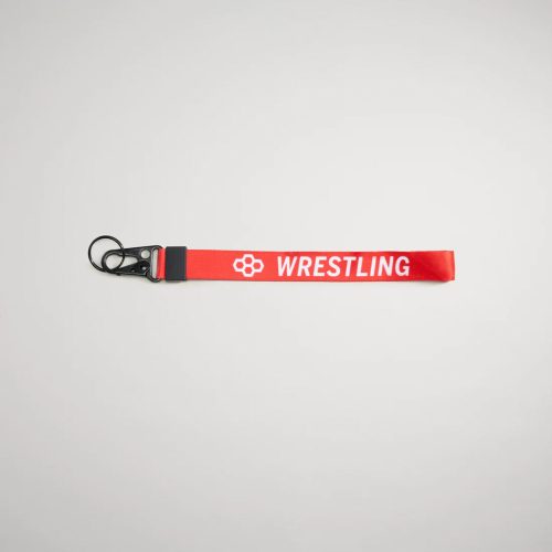 A vibrant red lanyard with the word WRESTLING printed in white featuring a black clip for attaching keys or ID cards