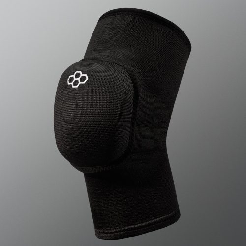 A black knee pad with a rounded protective cap and logo offers support for athletes, featuring breathable fabric and a minimalist design against a soft gray background.