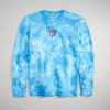 A vibrant blue tie-dye sweatshirt featuring a logo on the chest and a decorative design on the sleeve