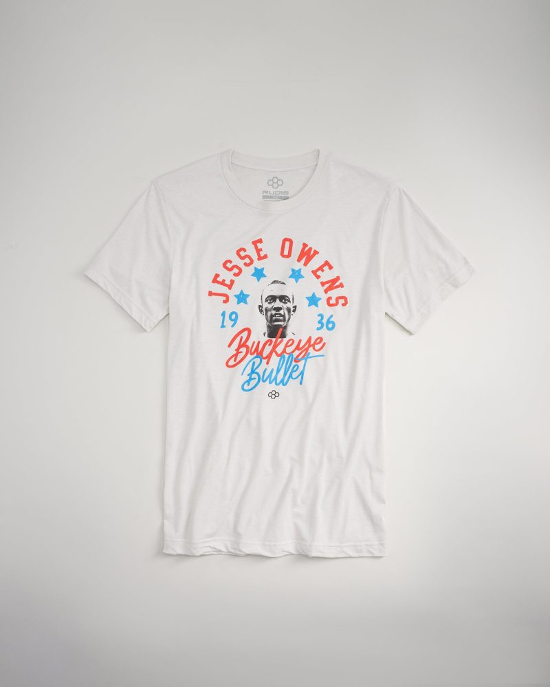 A white t-shirt featuring a retro design honoring Jesse Owens with vibrant red and blue graphics including his name the year 1936 and the phrase Buckeye Bullet