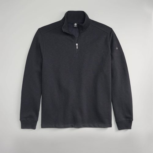 A stylish black quarter-zip pullover made of soft fabric featuring a high collar and ribbed cuffs ideal for layering or casual wear