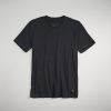 A simple and classic black t-shirt laid flat against a light background featuring a crew neckline and short sleeves ideal for casual wear