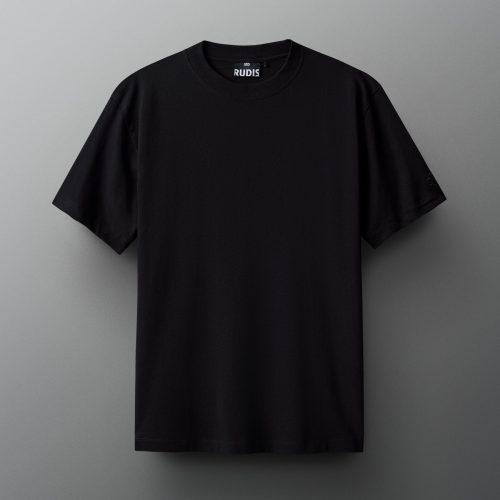 A black short-sleeve t-shirt with a 'RUDIS' label inside the collar, featuring a classic crew neck design, suitable for casual wear.