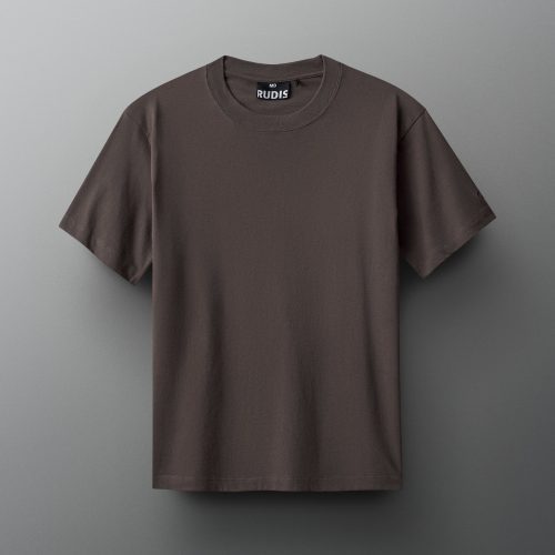 A dark olive green t-shirt with a round neckline is set against a textured gray background, featuring the brand 'RUDIS' on the inside label, creating a modern and minimalist presentation.