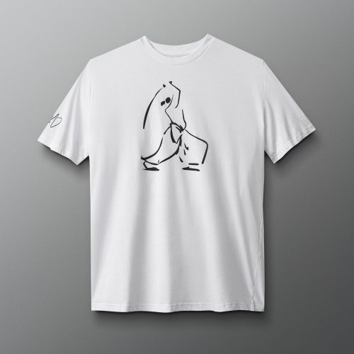 A white t-shirt features a minimalist black line drawing of a sitting figure, complemented by a small graphic on the left sleeve against a gray background.