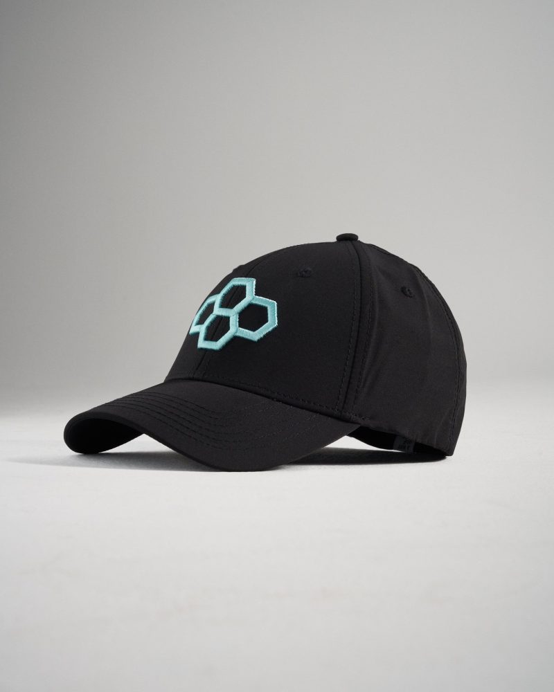 A stylish black cap featuring a prominent light blue hexagonal logo on the front