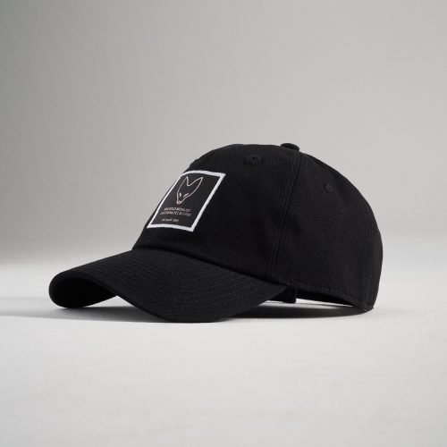 This image features a stylish black cap with a prominent logo patch designed for casual wear and aesthetic appeal