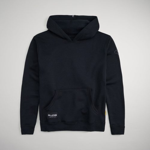 A simple black hoodie featuring a front pocket an embroidered logo on the sleeve and a soft fabric finish ideal for casual wear