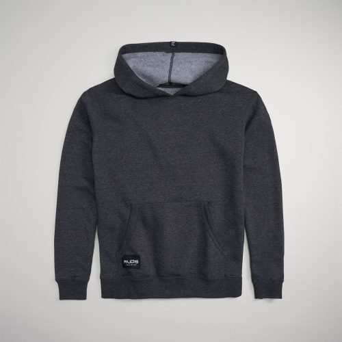 A dark gray hoodie features a modern design with a front pocket and a logo patch perfect for casual wear