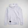 A light gray hooded sweatshirt featuring a front pocket and a small logo on the sleeve designed for comfort and casual wear