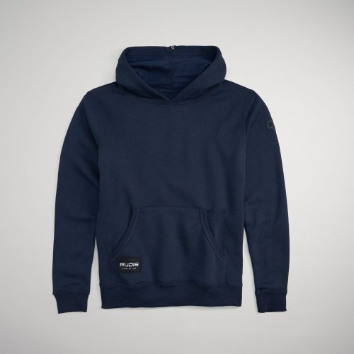 A navy blue hooded sweatshirt featuring a front pocket and a branded label at the hem