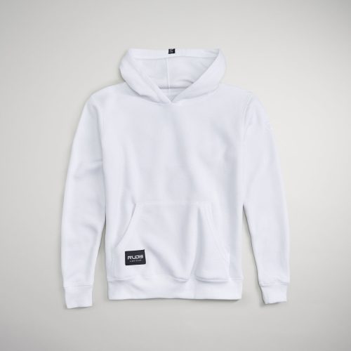 A stylish white hoodie featuring a front pocket and a distinctive logo at the hem perfect for casual wear and comfort